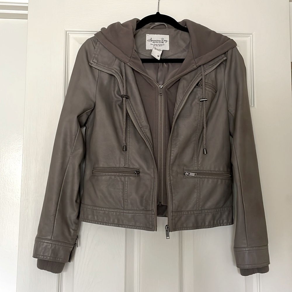 American Rag Brown/Gray Double Zip Hooded Faux Leather Moto Jacket Sz M